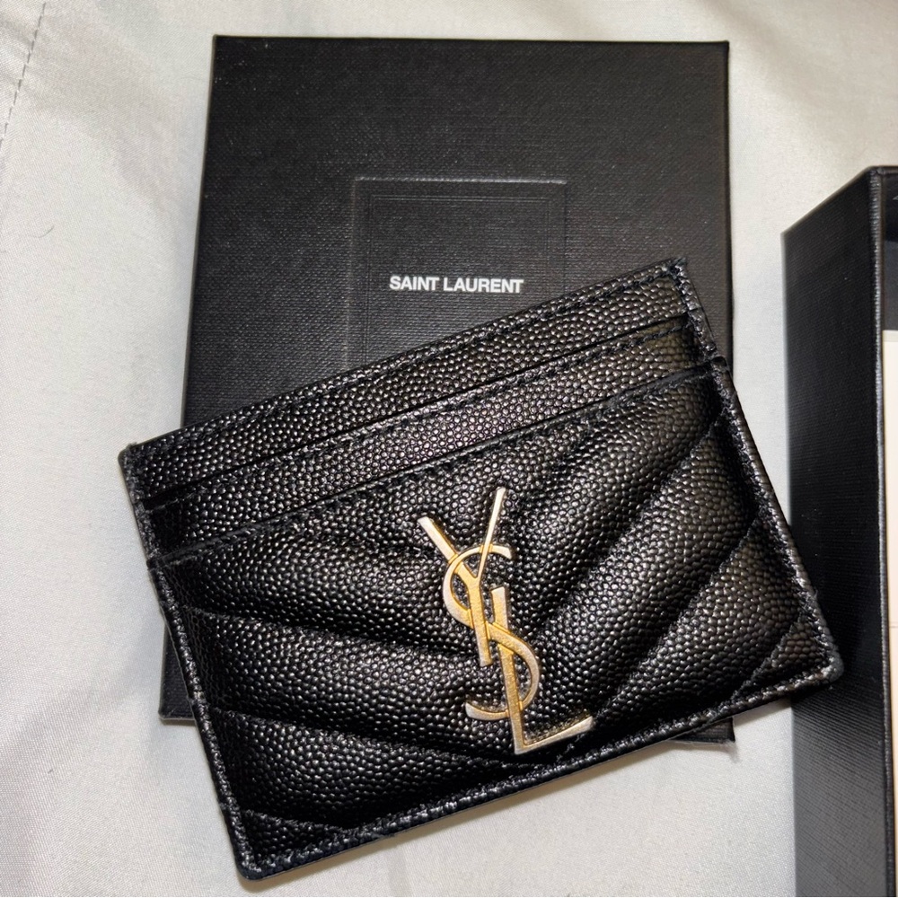 Saint Laurent Quilted Black Card Holder with Gold Logo